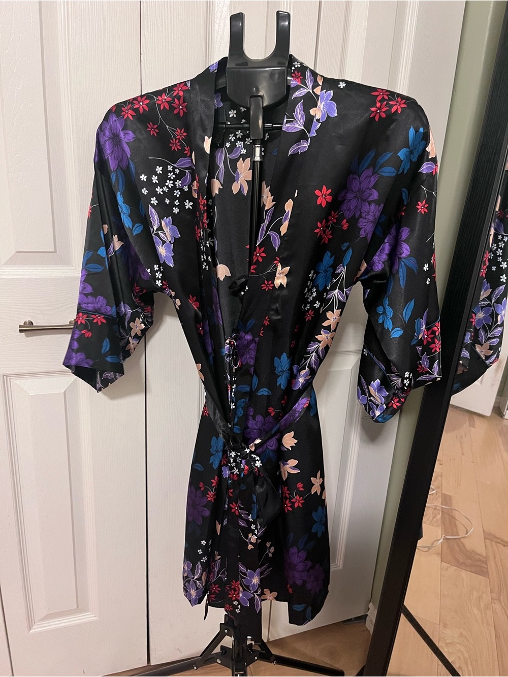 Linea Donatella Black Satin Floral Mini Robe with Purple, Blue & Pink Flowers